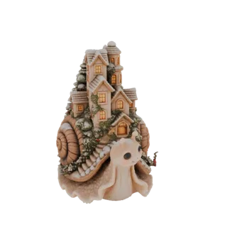 Modelo 3D de um caracol fantástico carregando uma aldeia nevada em miniatura em sua concha, com casinhas e janelas brilhantes