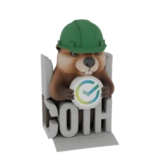 3D-Modell eines Cartoon-Bibers mit grünem Schutzhelm, der eine Häkchen-Münze hält und auf Betonbuchstaben steht, die 'COTH' b