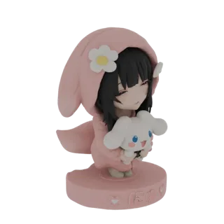 Modello 3D di una ragazza chibi in felpa rosa, sorridente e che tiene Cinnamoroll, su una base rosa.