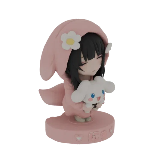 Modello 3D di una ragazza chibi in felpa rosa, sorridente e che tiene Cinnamoroll, su una base rosa.