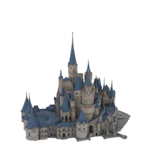 Modello 3D di un castello fantasy con guglie blu e dettagli architettonici intricati, su sfondo bianco.