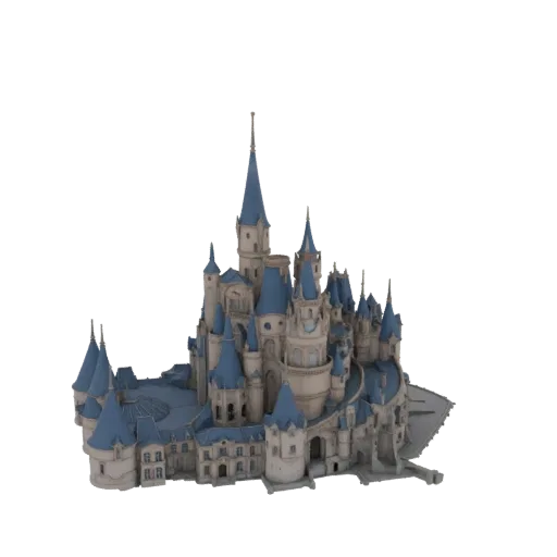 3D model of a fantasy castle with multiple blue spires and intricate architectural details, set against a white background.