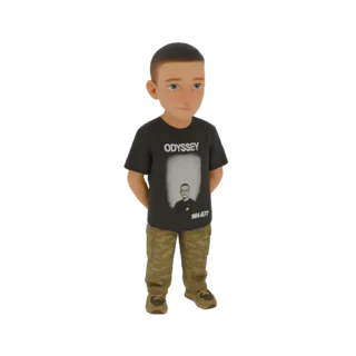 Modelo 3D de um menino cartoon usando camiseta preta gráfica com 'ODYSSEY' e retrato, e calças cargo camufladas.
