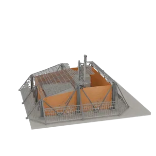 3D model of an architectural structure with bright orange walls, a detailed metal frame, and a light gray base, viewed from a