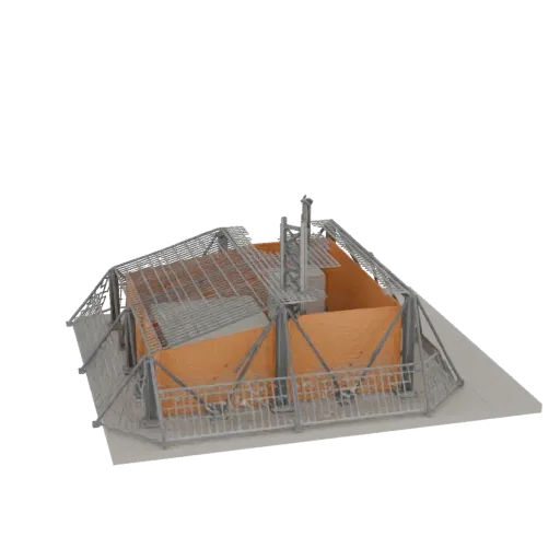 3D model of an architectural structure with bright orange walls, a detailed metal frame, and a light gray base, viewed from a