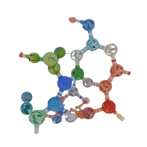 Crystal Protein Chain Realistic 3D model, three-quarter studio render, showing colored spheres, molecule layout.
