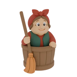 Modèle 3D d'une joyeuse vieille femme avec un foulard rouge et un balai, sortant d'un tonneau en bois.