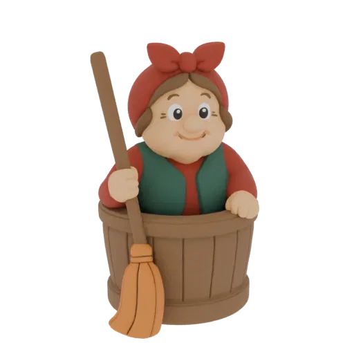 3D model of a cheerful old woman with a red headscarf and broom, peeking out of a wooden barrel.