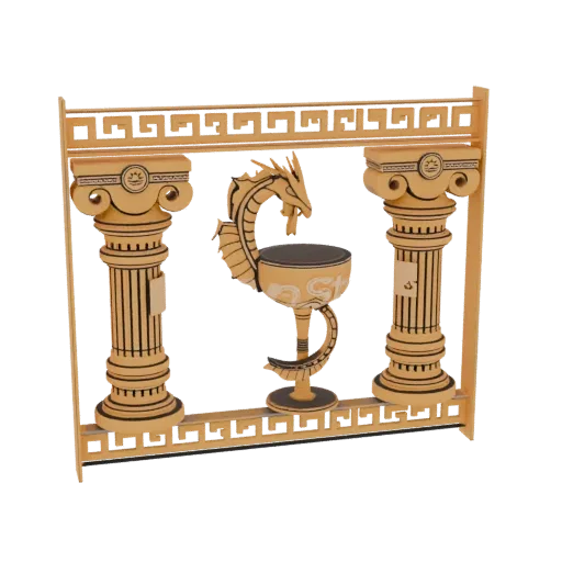 3D model of an ancient Greek temple facade with two Ionic columns, a central dragon, and the Rod of Asclepius, rendered in go