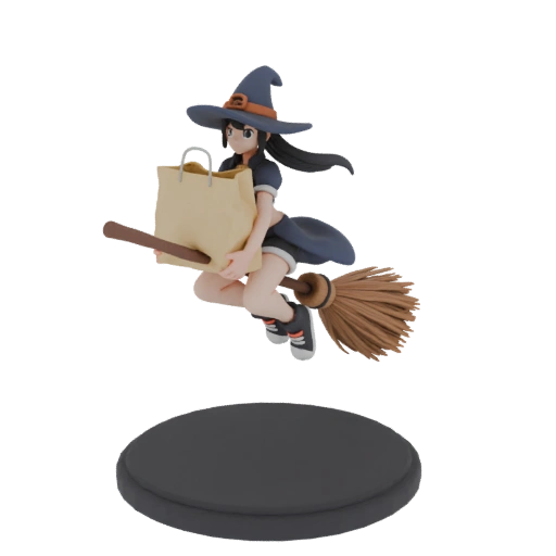 Anime Witch on Broom with Bag