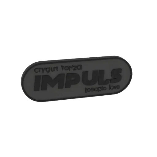 3D model of a dark, oval emblem with the word IMPULS in bold, embossed letters, and smaller text above and below.