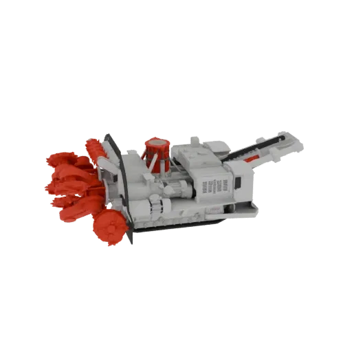 3D model of a heavy-duty crawler excavator with a bright red cutting head and detailed tracks, shown from a side-angle.