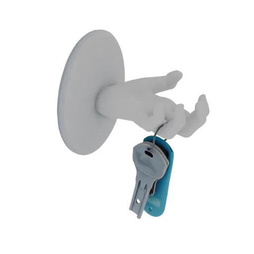 3D render of a white, stylized hand emerging from a circular base, holding a set of keys with a blue fob.