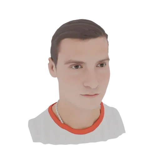 3D model render of a young man's bust, facing slightly to the right, wearing a white t-shirt with a red collar and a silver c