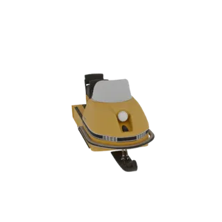 Render 3D de motonieve amarilla vintage con parabrisas blanco y asiento negro, sobre fondo negro.