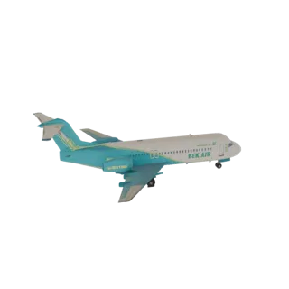 Modelo 3D de un avión de pasajeros Bek Air con librea turquesa y blanca, mostrado en perfil lateral sobre un fondo blanco.