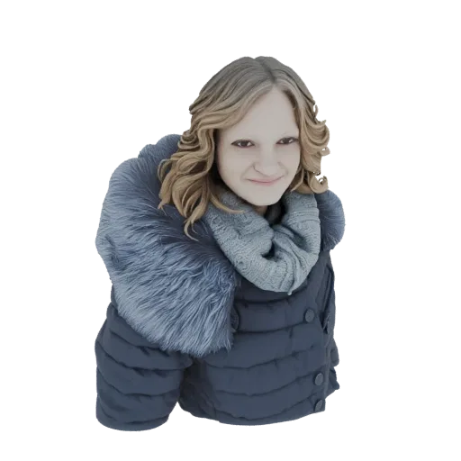 3D model render of a young woman with blonde wavy hair, smiling, wearing a dark blue puffer coat with a large blue fur collar
