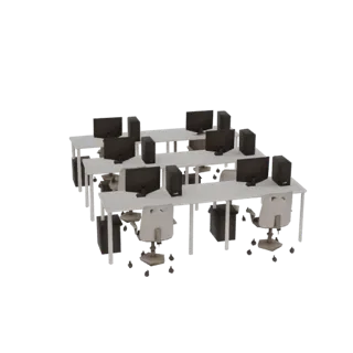 3D model of a computer classroom with rows of white desks, monitors, system units, and office chairs