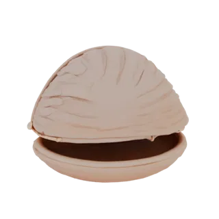 3D-Modell einer Damen-Clutch in Form einer offenen Muschel, in zartem Beige.