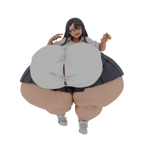 3D-Modell einer molligen Anime-Figur in Schuluniform, in einer verspielten Pose mit fröhlichem Ausdruck.