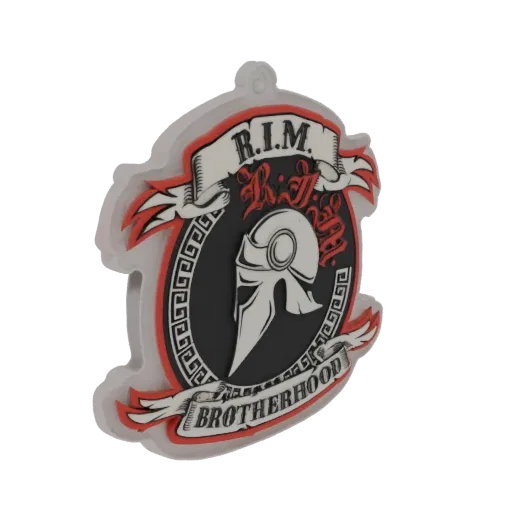 3D model of the R.I.M. Brotherhood emblem featuring a Spartan helmet, 'R.I.M.' and 'BROTHERHOOD' text, and a Greek key border