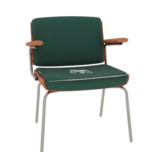 3D model of a retro armchair with green upholstery, orange trim, and a bear emblem on the seat, set against a white backgroun