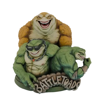 Um modelo 3D dos três icônicos personagens de Battletoads, posados dinamicamente com o logotipo 'BATTLETOADS' na base.