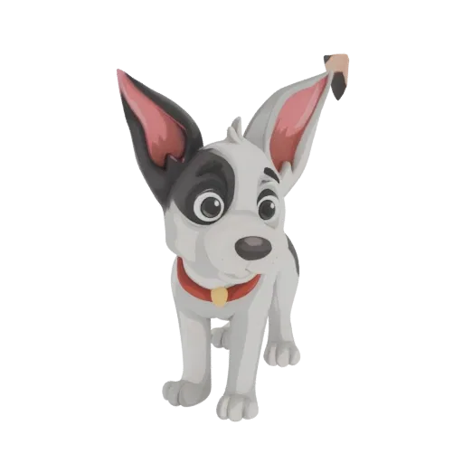 A 3D render of a cute cartoon dog with black and white fur, large ears, and a red collar, standing and looking forward.