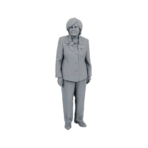 3D model of an elderly woman in a grey military uniform with medals, standing and looking forward.