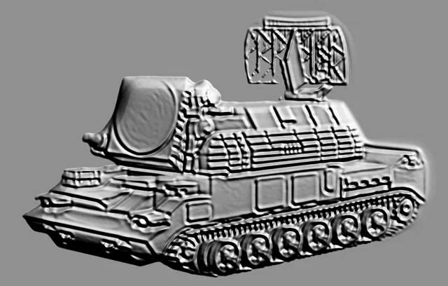 3D-Basrelief des Tunguska SAM Systems in Grau, Seitenansicht