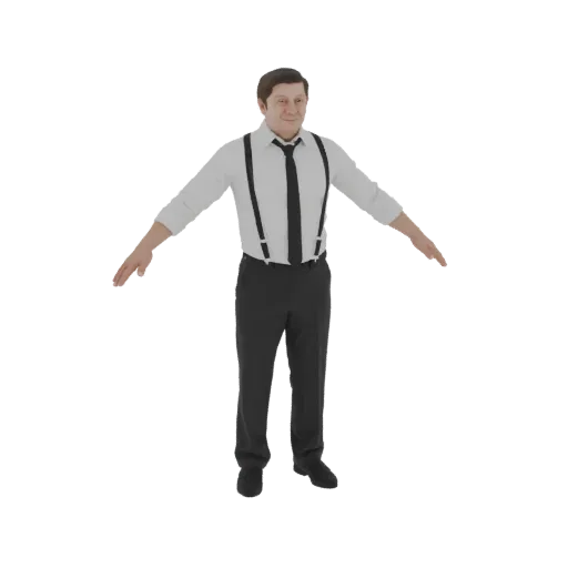 3D model of a man wearing a white shirt, black tie, and black suspenders, standing with arms slightly out.