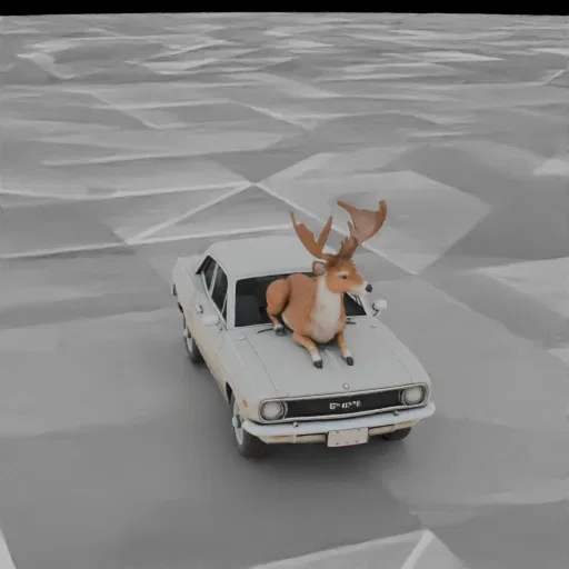 3D model of a deer sitting on the hood of a GAZ-21 Volga car, on a gray background