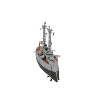 3D model of a vintage battleship with grey hull, red waterline, and two tall lattice masts, viewed from a high angle.