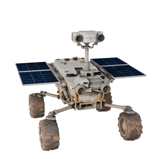 Mars Sample Collector Realistic 3D model, three-quarter studio render, showing dusty wheels, vehicle stance.