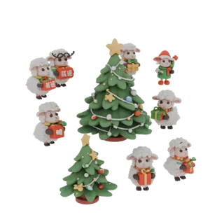 3D model of a set of 8 cute sheep with Christmas trees and gifts, ready for 3D printing