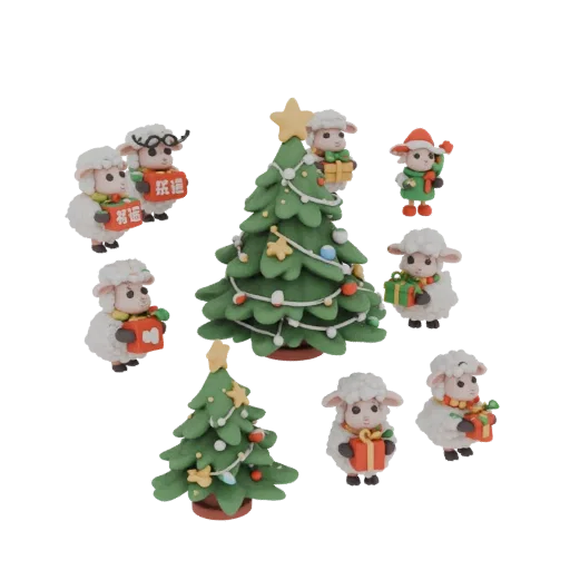 3D model of a set of 8 cute sheep with Christmas trees and gifts, ready for 3D printing