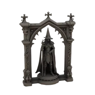 Modelo 3D de moldura gótica com figura de bruxa no centro, sobre fundo preto