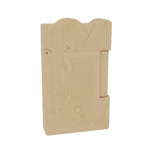 3D model of a lighter designed to look like carved wood, featuring a detailed mountain landscape relief.