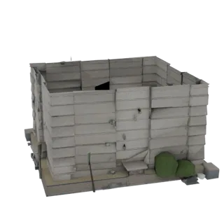 3D model of a brutalist concrete block building with visible block textures and a stark, geometric design.