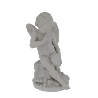 3D model of a white cherub statue sitting on a rocky base with roses, its finger held to its lips in a 'shushing' gesture.