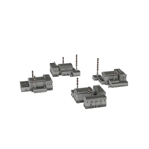 3D model of an industrial power plant complex with multiple buildings and tall smokestacks, rendered on a white background.