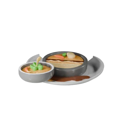 Schüssel Suppe 3D-Modell, Drei-Viertel-Frontansicht, AR-Viewer-Studio-Render, zeigt Saucen, angerichtete Komposition.