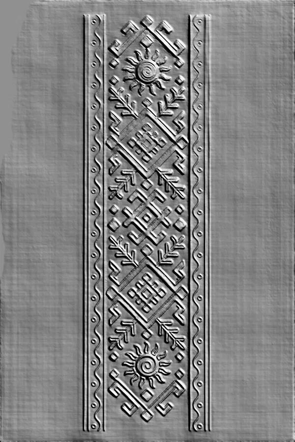 3D model of a Slavic bas-relief with solar signs, geometric patterns, and floral motifs, rendered in gray.
