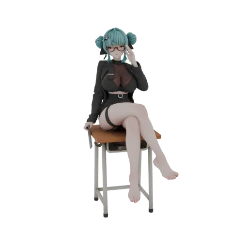 3D model of an anime girl with teal twin-tails, wearing glasses and a school uniform, sitting on a wooden desk.