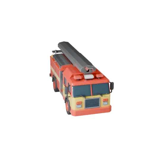 Modèle 3D de camion de pompiers cartoon, vue studio à trois quarts, actif de véhicule stylisé avec volumétrie de véhicule fon