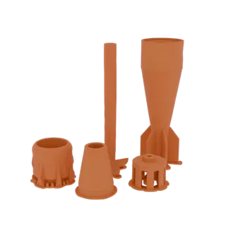 Una colección de componentes de cohete modelo 3D de color naranja, incluyendo un cono de nariz con aletas, un cuerpo cilíndri