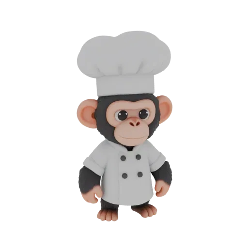 3D model of a chimpanzee in a chef costume, standing on a white background