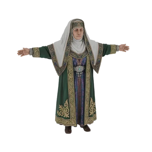 3D model of a woman wearing a traditional green robe with gold trim and a white headscarf, arms outstretched.