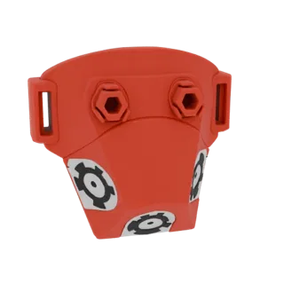 Uma renderização 3D de uma máscara futurista vermelha com padrões de engrenagens em preto e branco e detalhes hexagonais, apr