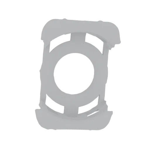 3D model of an abstract geometric frame with a central circular opening and intersecting rectangular elements, rendered in a